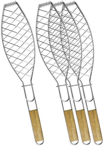 Storfisk fishing & more Parrilla para pescado de acero inoxidable con mango de madera, 4 unidades