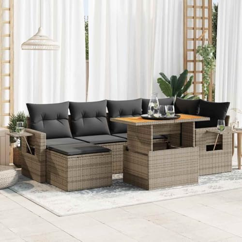 IKAYAA 7-TLG Gartenmöbel Lounge Set mit Stauraum Loungemöbel Set mit Verstellbare Holz Tisch Outdoor Loungemöbel inkl. extra Dicke Kissen Ecklounge Sitzgarnitur Grau