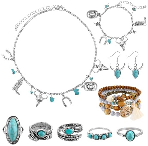 Livdouyu 9 Stück Boho Schmuck Set Damen, Vintage Schmuck mit Boho Kette, Ohrringe Türkis, Armbänder&Ring,Western Cowgirl Accessoires für Hippie Kostüme Karneval Halloween Party