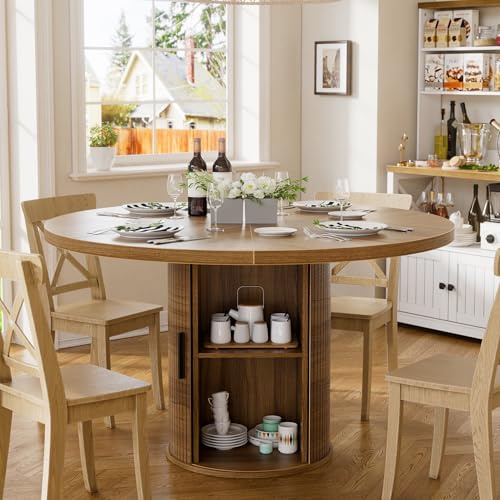MSFE Tavolo da Pranzo Rotondo 100CM Tavolo Cucina Rotondo con Ripiano Portaoggetti a 2 Livelli e Anta Scorrevole in Legno Tavolo da Pranzo Roton-do Moderno Tavolo da Pranz da Cucina 4 Persone