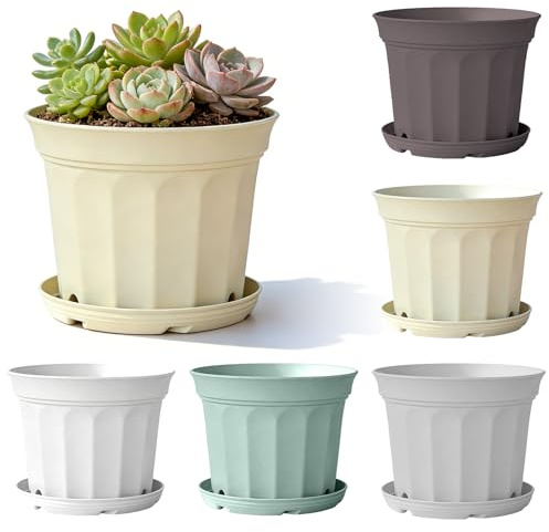 PORFOYO Set de 5 Macetas con Soporte, Macetas Coloridas, Macetas Gruesas con Auto-Riego, Antideslizantes, con Fondo de Malla y Drenaje Profundo, 21×15 cm, para Interior y Balcón