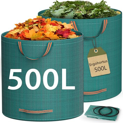 Ergohortus Garden Waste Bags Heavy Duty, 500L x 2 Reusable Garden Sacks with Handles, Industrial-Grade Fabric Recycling Garden Bags for Leaves, Trash, Debris, Garden Rubbish Bags Waterproof