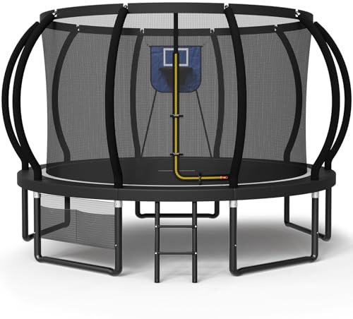 Devoko Trampolín Exterior con Canasta de Baloncesto Ø 228/305/366/427 cm, para niños, con Red de Seguridad, Funda Protectora, diseño de Calabaza, Capacidad de Carga 150 kg