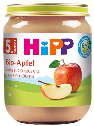 HiPP Bio Apfel (6 x 125g), Babygläschen ab 5. Monat, 100% Früchte, ohne Zuckerzusatz, ideal als Nachspeise oder Brei-Zutat