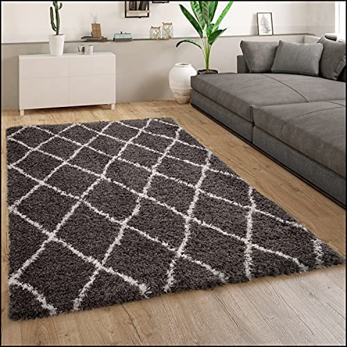 Paco Home Alfombra Pelo Largo Mullida Moderna Shaggy Estilo Flokati Motivo Rombos Gris, tamaño:160x230 cm