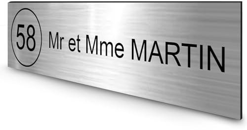 DECOHO - Étiquette Personnalisable boîte aux Lettres Plastique bi-Couche Argent Lettres Noires - 100x25x0,8 mm - 1 Ligne Gravure Laser Durable - Argent