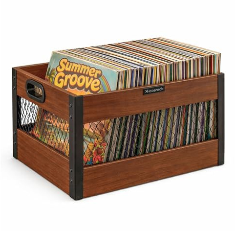 X-cosrack Vinyl Record Storage Crate, Wooden LP Record Organizer, Holds 60–80 Records, Classic Cube Storage for Albums