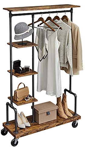 VASAGLE Portemanteau Mobile, Vestiaire sur Roulettes, Meuble d Entrée, Portant à Vêtements à 5 Niveaux, Structure Métallique, Marron Rustique HSR66BXV1