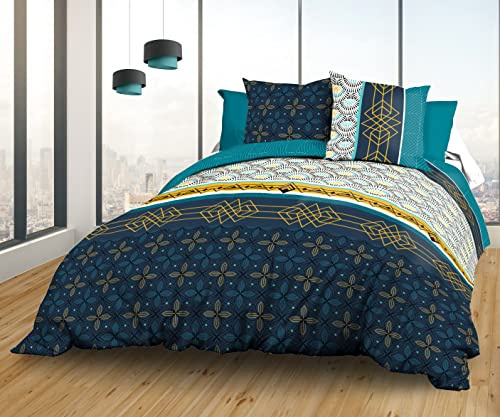 Le Linge de Jules Parure Drap Plat + Drap-Housse 140x190 cm + 2 T - Pur Coton 57 Fils - Biarritz Bleu, Jaune