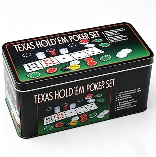 ISDI Set de poker Boîte en métal, 200 jetons de poker, 2 couvertures, bouton livreur, petite aveugle, tapis de jeu