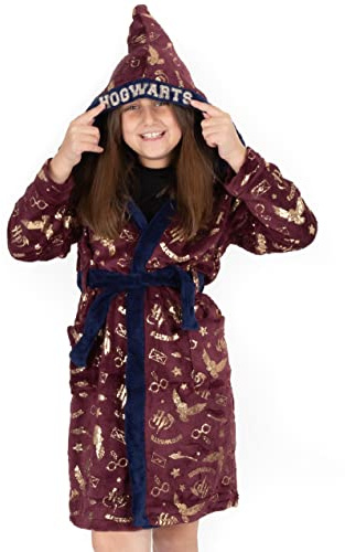 Harry Potter Dressing Gown For Girls & Boys | Kids Red Hogwarts Pyjama Robe | Magical Bathrobe With Wizard Hat Hood