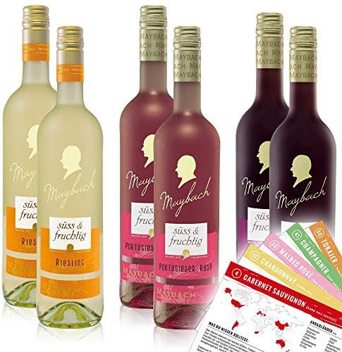 VINOX Maybach süßes Weinpaket gemischt Rosé-, Weiß- und Rotwein | + VINOX Winecards mit Tipps vom Sommelier (6x0,75 l)