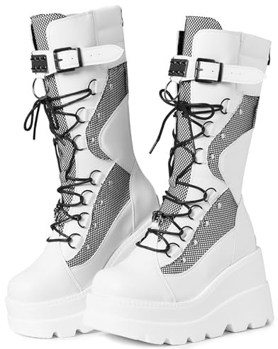 Tscoyuki Botas góticas de plataforma para mujer, tacón de cuña grueso, botas de combate rave, con cordones y cremallera, punta redonda, botas de media pantorrilla para conciertos y festivales, Blanco