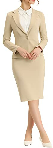 Conjunto de falda para mujer Allegra K de 2 piezas, traje de saco y falda de negocios casual de manga larga, caqui, S