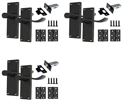 Haven Heritage Black Door Handles Internal Sets - Victorian Scroll Choice of Latch, Lock, Bathroom or Privacy. This is for Three Sets of Handles with Latch and Hinge. (3Pair- Handles Set)