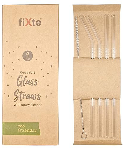 fiXte Reusable Glass Drinking Straws with Cleaning Brush Eco Friendly Party Summer Use Birthday Smoothie Milk Shake Clear Water Juice Straw Hot and Cold Drinks (Pack of 4)