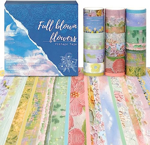 NOGAMOGA 20 Rollen Vintage Washi Tape Set, 0,2/0,4/0,6/0,8/1 in Breite Blumen dekorative Klebebänder für Journaling, Scrapbooking Supplies, Bullet Journals, Junk Journal, Diy Crafts (Blau)