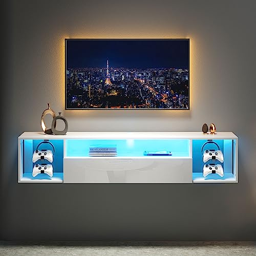 SogesHome TV-Bänke & Lowboards TV​​ Fernsehschrank​​ TV-Tisch TV-Ständer mit Schränk mit Türen und 3 offenen TV-Wandtisch mit LED-Beleuchtung​​ für Wohnzimmer, Schlafzimmer, 140 cm