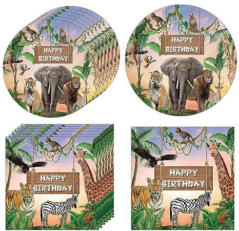 Topfunyy Décorations de fête d'anniversaire Jungle Safari, 20 assiettes et 20 serviettes, vaisselle jetable pour fête d'anniversaire, fête prénatale et fournitures de fête sur le thème du safari de la