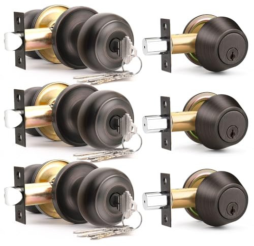 Brotima 3 Pack Keyed Alike Front Door Knob and Deadbolt Set, Entry Door Locksets with Single Cylinder Deadbolt, Oil Rubbed Bronze Flat Round Door Lock Set for Bedroom/Office/Exterior Doors