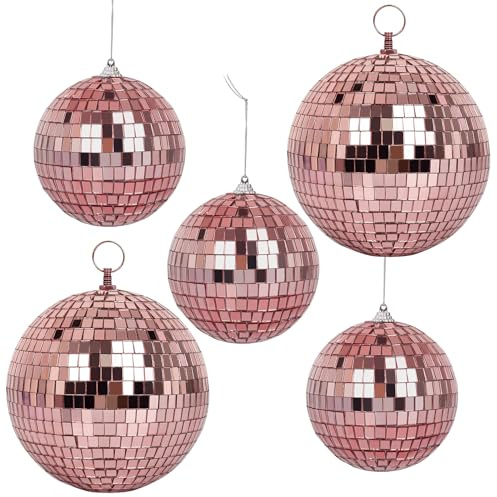 5 Pack Mirror Balls for Disco DJ Club Party Wedding Home Decor, Muscab Disco Ball Ornaments with Hanging Ring, 6 Inch, 4 Inch(Rose Gold)