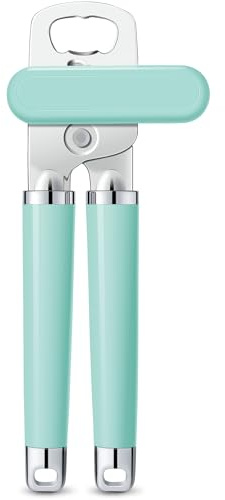 Urbanstrive Abrelatas de mano XL grande y resistente, borde liso, para personas mayores, acero inoxidable, mango cómodo, abridor de botellas integrado, 8.66 pulgadas, verde menta
