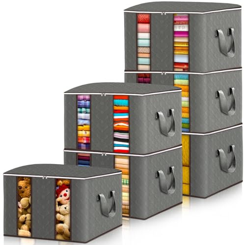 Frasheng Borsa portaoggetti, 6 pezzi da 85 l, organizer per guardaroba, scatole pieghevoli per vestiti, copriletti, biancheria da letto (grigio)