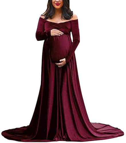 Runstarshow Robe de maternité - Robe de fête prénatale pour femme enceinte - Vêtements de maternité à manches longues et col en V - En velours - Robe de grossesse - Robe de maternité - Robe de fête