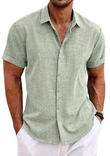 COOFANDY Chemise en Lin pour Hommes Chemise à Manches Courtes Boutonnée Coupe régulière Chemises décontractées Chemise d'été en Lin de Plage