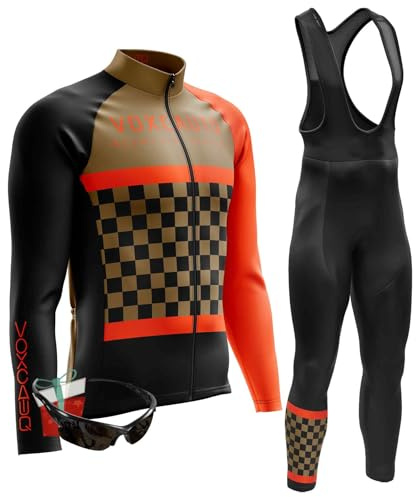 VOXCAUTQ Herren Langarm Fahrrad Trikot Set,Rennrad Trikot Herren Set,Langärmliges Fahrradtrikot Hose + Polarisiert Fahrradbrille (TypA-6,XXL)
