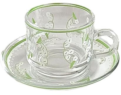 CAPIJIONG 200ml/6.5oz taza de café de vidrio francés y plato conjunto hogar tarde té taza-lirio verde del valle