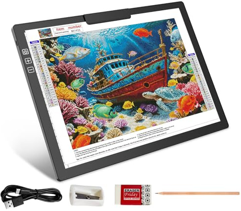 HIUKCOLED Rechargeable A4 Light Pad, Battery Powered Light Board with Top Clip＆Stand, Stepless Dimmable＆6-Level Brightness Adjustable, Wireless LED Tracing Box for Diamond Painting,Drawing,Sketching