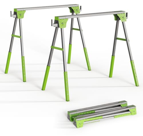 Adjustable Height Sawhorse 2 Pack, Folding Portable Saw Horses with 30-34 inch Adjustable Legs, Heavy Duty Steel Pro Bench Saw Horse for Woodworking, Carpenters, Contractors, Fully Assembled (green)