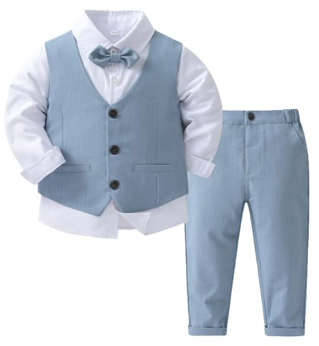 Rswnyirn Baby kostym pojkar bröllop dop smoking outfit 3 delar Dopdräkt dopkläder skjorta med kostymväst byxor festlig outfit, Ljusblå, 74-80