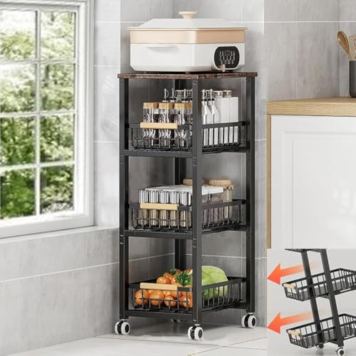 KOLENSA Metal Wire Baskets with Wheels, Stackable Storage Bins Kitchen Organizer Shelf, Multi Layer Fruit Vegetable Cart Dishes Seasonal Rack Freestanding with Pull Out Slide Drawer