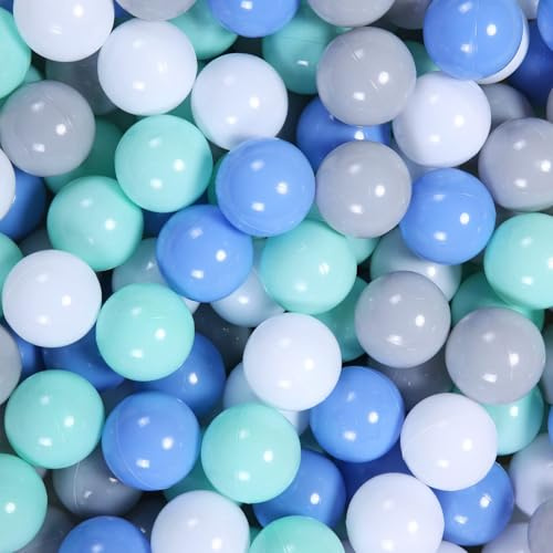 PlayMaty 100 Stück Bunte Pit Bälle Phthalat- und BPA-frei aus stabilem Plastik für Kinder-Spielhäuser, Pool und Ballgrube, Durchmesser 5,5 cm (Blau-Grau-Weiß)