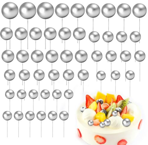 Cake Balls Decoration, 50 Pcs Balloon Ball Cake Toppers Silver Balls for Cakes Decorating Mini Foam Ball Cupcake Toppers Picks for Birthday
