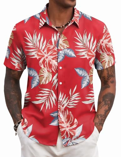 COOFANDY Camisa Hawaiana Hombre Manga Corta Camisas Flores Camisas Verano Estampadas Ajuste Regular Hojas Verdes XL