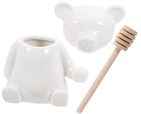 Garneck Ceramic Bear Shape Honey Jar Wood Dipper Stick White Embossed Honey Pot for Kitchen Syrup Storage Food-grade Suitable for Home and