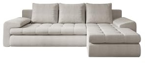 Kaiser Möbel - Ecksofa mit Schlaffunktion und Bettkasten, Eckcouch L Form Schlafsofa, Sofa 3-sitzer, Metallfüße, Wohnlandschaft, Bequemes Couch mit Ottomane für Wohnzimmer, TOMI, Ecru, Rechts