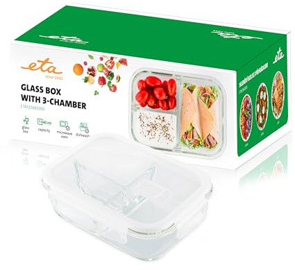 ETA Meal Prep Box I Glas-Lebensmitteldose mit 3 Fächern I 1040 ml I Ofen-, Mikrowellen- & Spülmaschinengeeignet I BPA-frei I Meal Prep Behälter I Frischhaltedose I Glas