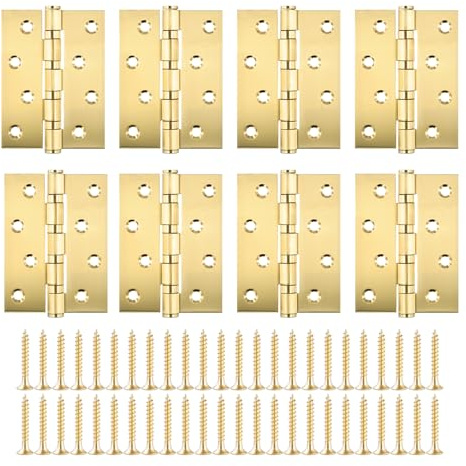 PINGEUI Polished Brass Hinges, 4 inch 100mm x 74mm Ball Bearing Hinge with Screws, Stainless Steel Gold Door Hinge for Cabinets Wooden Doors, 4 Pairs