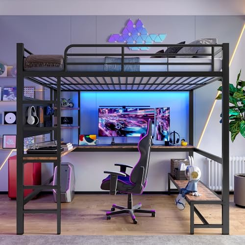 Kebnor Cama tipo loft con marco de hierro, escritorio, barandilla, escalera de peldaños, enchufe USB + Type-C, tira LED, borde perforado, sin colchón (negro, 140 x 200 cm)