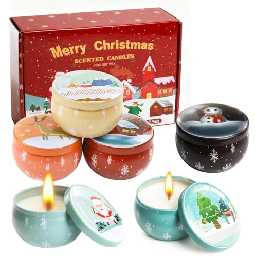 6 Pezzi Candele Profumate Natalizie, Candele Profumate Set, 2.5oz Naturale Candele di Soia Candela Aromatica per Natale Compleanno Nuziale Regalo per Donna, Mamma