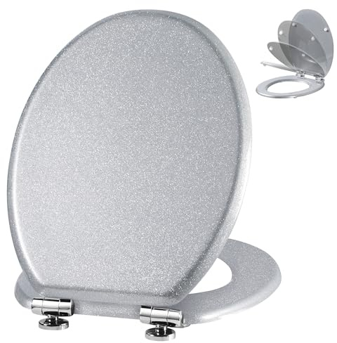 Angel Shield Glitter Toilet Seat Molded Wood Toilet Seat, Quiet Close with Quick Release Adjustable Hinges 45x37cm Oval, Fits EU Bottom-Mount Toilets (Silver Glitter)