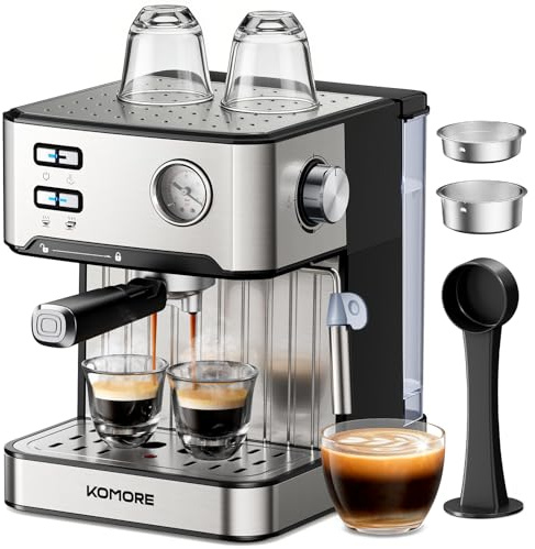 KOMORE Espresso Machine, 20 Bar, 1.6L, Stainless Steel Coffee Machines | Milk Frother, Removable Water Tank, Warm Cup Area, Memory Function, Latte Machine, Espresso & Cappuccino Machines For Home