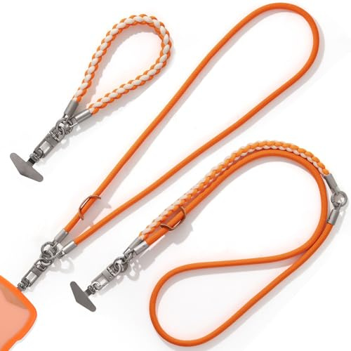 DUEDUE 3-in-1 Phone Lanyard, Send Metal Patch, Adjustable Phone Strap Crossbody, Neck Phone Holder, Wrist Strap, Anti Theft Phone Lanyard, With Leather Buckles, Compatible with Most Cases, Orange