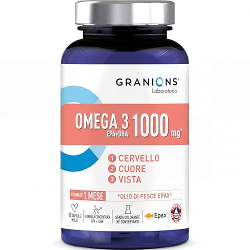 Omega 3 1000 mg GRANIONS - EPA DHA Huile De Poisson Sauvage - 60 Capsules | Omega 3 1000mg, Huile De Poisson Sauvage EPAX - Haute Concentration DHA EPA + Vitamine E, Sans OGM - 60 Capsules Pures