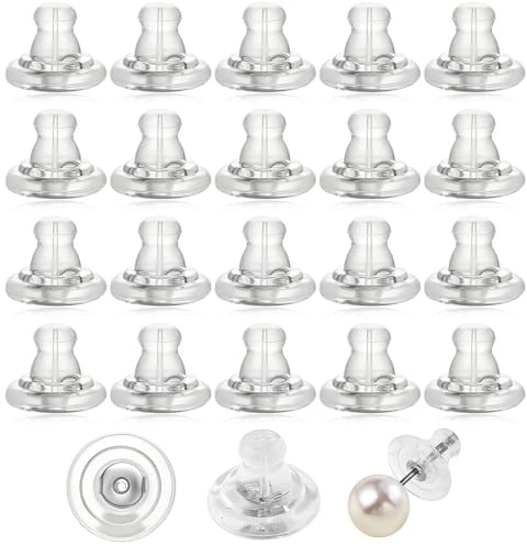 Hontaog 20 Tope Pendientes, Cierres Silicona Anti-Perdida, Traseros Pendientes Seguros para Tachuelas y Aros, Soporte Confortable para Joyas DIY y Repuesto, Plata