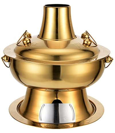Traditioneller chinesischer Hot Pot aus Kupfer, im Vintage-Stil, Shabu-Dampfgarer, Edelstahl, Kupfer-Shabu-Serviertopf mit Kamin(Gold,28CM)